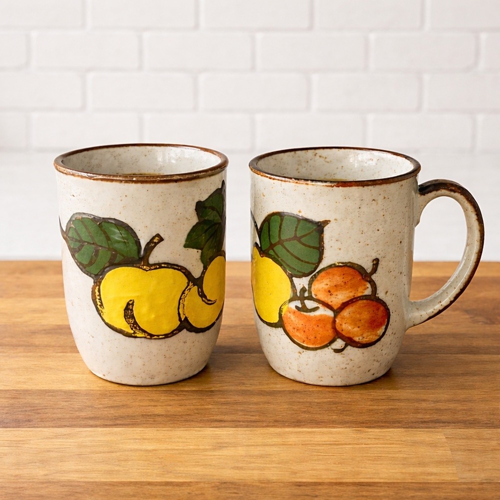 Vintage 70s Speckled Stoneware Fruit Mugs Set 2 Retro Cottagecore Kitchen Gift‎
